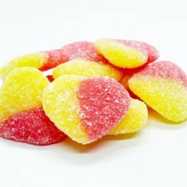 Fruity heart-shaped THC gummies with 40mg dose per piece