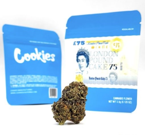 London Pound Cake cannabis strain UK – dense purple-tinged buds with orange hairs and frosty trichomes