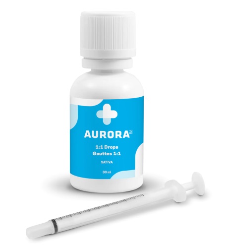 A bottle of Aurora 1:1 Oil Drops with dosing syringe, featuring a balanced 1:1 ratio of THC and CBD in a lab-tested MCT oil formula, ideal for daytime use in the UK.