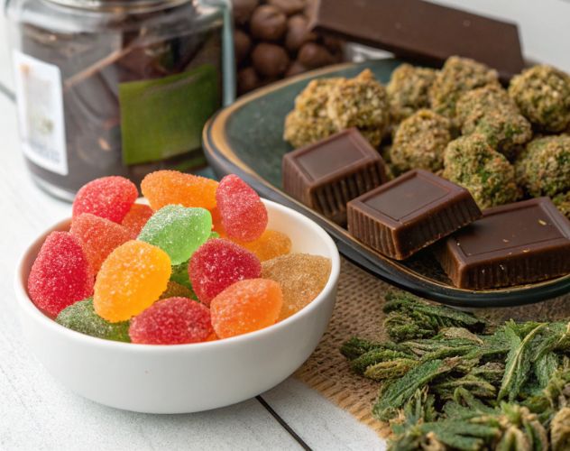 CBD gummies and chocolate on a white background with hemp leaf