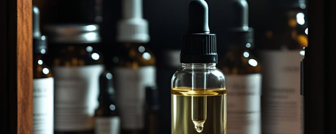 A dropper bottle of CBD oil on a wooden table with a shelf life label